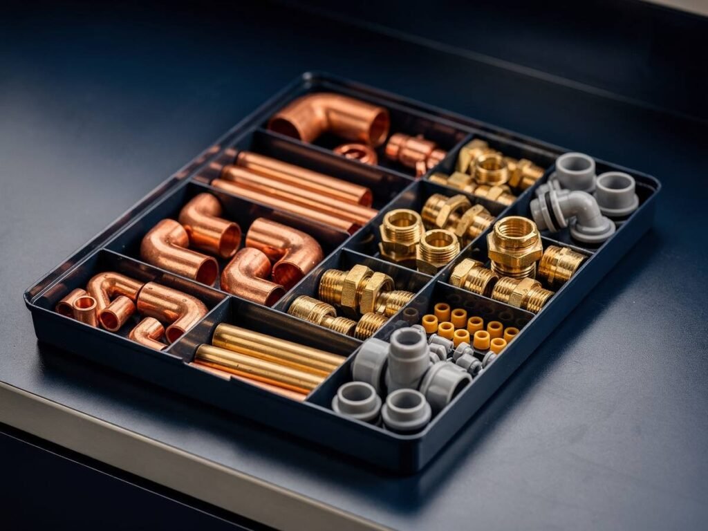 Tray of copper elbows, tees, couplers and brass compression fittings