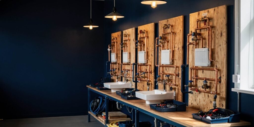 Plumbing training workshop with practice bays of copper pipework, basins and radiators