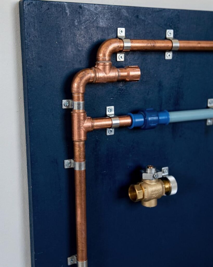 Practice board with copper pipe, soldered elbows and tees, a push-fit section and a brass valve