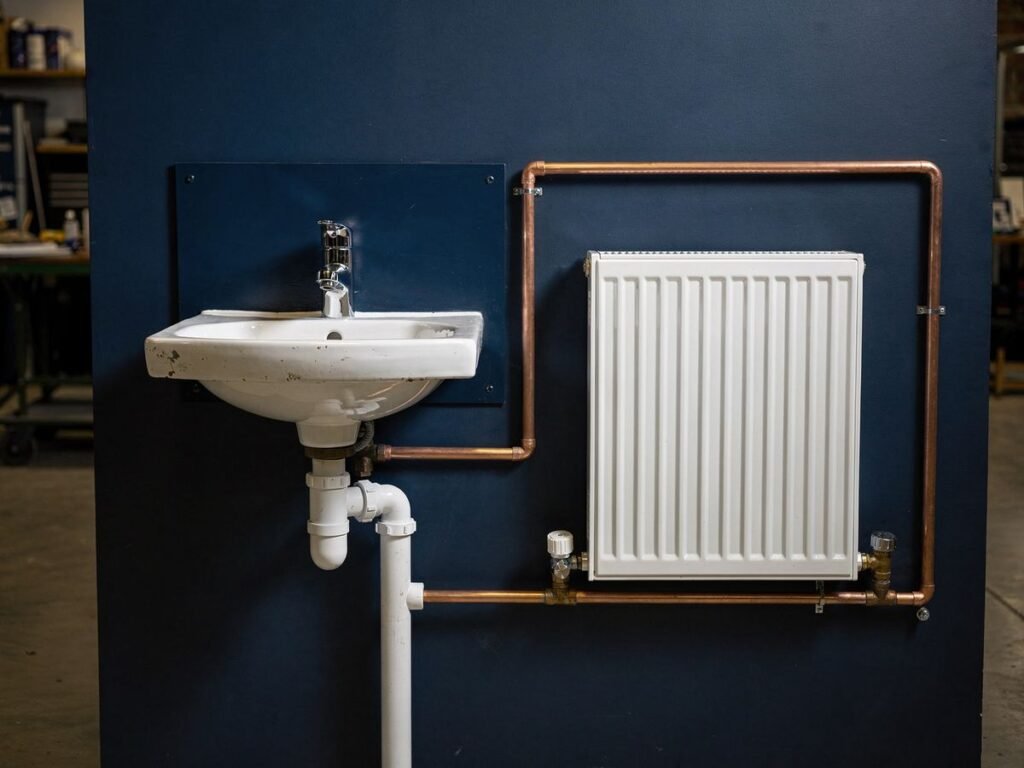 Practice wall with a basin, taps, trap and waste pipe beside a radiator connected with copper pipework