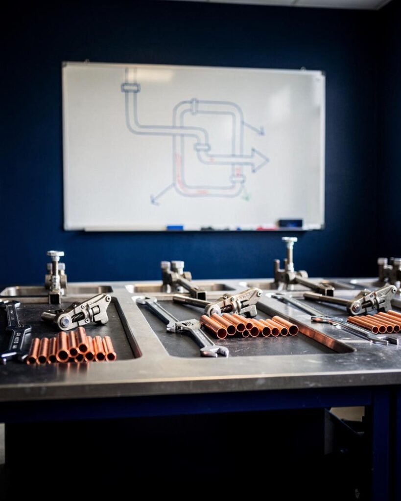 Training workshop bench laid out with pipe cutters, spanners and copper offcuts in front of a whiteboard pipe diagram