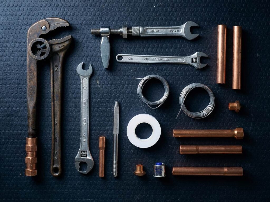 Plumbing hand tools, copper pipe and fittings, PTFE tape, solder and flux laid out on a workbench