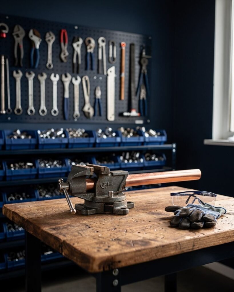 Workbench with a vice holding copper pipe, safety glasses and gloves, in front of a wall of plumbing tools and fittings